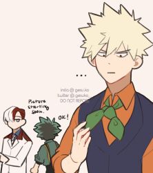 Rule 34 | ..., 3boys, bakugou katsuki, black vest, blonde hair, boku no hero academia, closed mouth, commentary, english commentary, english text, formal, gesuko, green hair, green shirt, grey eyes, highres, jacket, long sleeves, looking at another, male focus, midoriya izuku, multicolored hair, multiple boys, necktie, no mouth, official alternate costume, orange shirt, red eyes, red hair, shirt, short hair, spiked hair, split-color hair, todoroki shouto, two-tone hair, upper body, vest, white hair, white jacket