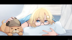 Rule 34 | 1girl, bed sheet, black-framed eyewear, blonde hair, blue eyes, bubba (watson amelia), curtains, deerstalker, dog, glasses, hair ornament, hat, highres, hololive, hololive english, letterboxed, orinte, petting, pillow, under covers, virtual youtuber, watson amelia, window