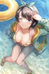 Rule 34 | 1girl, bikini, blue eyes, blurry, blurry background, breasts, brown hair, buobuo (rymp3885), collarbone, from above, green jacket, grin, hair ribbon, highres, hololive, innertube, jacket, looking at viewer, medium breasts, one eye closed, oozora subaru, oozora subaru (hololive summer 2019), outdoors, partially submerged, polka dot, ribbon, short hair, sitting, smile, solo, striped bikini, striped clothes, swim ring, swimsuit, thighs, virtual youtuber, water, wet
