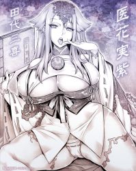 Rule 34 | 1girl, book, bracelet, breasts, bursting breasts, cameltoe, cleavage, cleavage cutout, clothing cutout, curvy, licking finger, greyscale, headpiece, holding, holding book, huge breasts, japanese clothes, jewelry, licking, long hair, long sleeves, looking at viewer, momofuki rio, monochrome, open mouth, plump, pom pom (clothes), ribbon-trimmed panties, ribbon-trimmed sleeves, ribbon trim, sengoku bushouki muramasa, sidelocks, sitting, skindentation, solo, spread legs, tashiro sanki (sengoku bushouki muramasa), thick thighs, thighs, tongue, tongue out, translation request, wide hips, wide sleeves