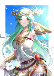 Rule 34 | 1girl, ancient greek clothes, bare shoulders, belt, blurry, blurry background, border, breasts, chain, chiton, colosseum, commentary request, cowboy shot, dress, forehead, gauntlets, gold choker, green eyes, green hair, hair ornament, highres, jewelry, kid icarus, large breasts, lifted by self, long hair, looking at viewer, necklace, nintendo, outdoors, palutena, parted bangs, parted lips, signature, solo, sparkle, strapless, strapless dress, super smash bros., thighhighs, white border, white dress, white thighhighs, yu sanawitch