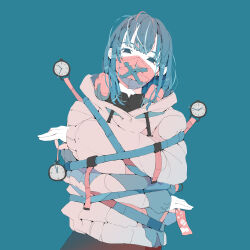 Rule 34 | 1girl, absurdres, black shirt, blue background, blue eyes, blue hair, bound, commentary request, grey hoodie, headphones, headphones around neck, highres, holding, holding pocket watch, hood, hood down, hoodie, long bangs, long hair, long sleeves, looking at viewer, mask, mouth mask, no pupils, nocopyrightgirl, original, pale skin, pocket watch, puffy sleeves, red headphones, restrained, shirt, solo, upper body, watch, x