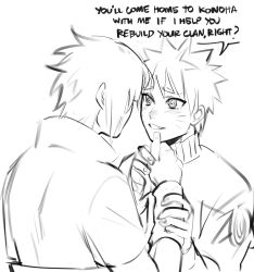Rule 34 | 2boys, arm grab, blush, facial mark, greyscale, grin, hand on another&#039;s chin, highres, long sleeves, looking at another, male focus, monochrome, multiple boys, naruto (series), naruto shippuuden, short hair, smile, spiked hair, teeth, uchiha sasuke, upper body, uzumaki naruto, whisker markings, winteamelon, yaoi