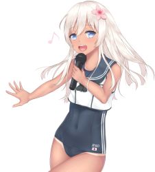 Rule 34 | 10s, 1girl, blonde hair, blue eyes, crop top, flower, hair flower, hair ornament, highres, kantai collection, long hair, microphone, musical note, one-piece swimsuit, one-piece tan, open mouth, quaver, ro-500 (kancolle), sailor collar, school swimsuit, shokora momiji, solo, swimsuit, swimsuit under clothes, tan, tanline