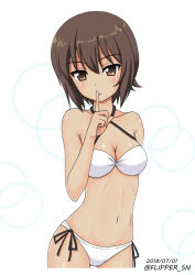 Rule 34 | 10s, 1girl, bikini, breasts, brown eyes, brown hair, circle, commentary, cowboy shot, criss-cross halter, dated, finger to mouth, flipper, girls und panzer, gluteal fold, halterneck, looking at viewer, medium breasts, navel, nishizumi maho, one-hour drawing challenge, parted lips, short hair, shushing, side-tie bikini bottom, solo, standing, swimsuit, tan, twitter username, white background, white bikini