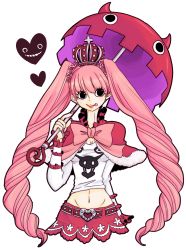 Rule 34 | 1girl, :p, belt, crown, female focus, grin, heart, highres, long hair, long sleeves, midriff, navel, one piece, parasol, perona, pink hair, short cape, skirt, smile, solo, tongue, tongue out, twintails, umbrella, very long hair