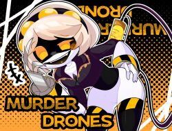 Rule 34 | 1girl, claws, coat, colored skin, evil grin, evil smile, female focus, glitch productions, grey skin, grin, highres, mecha girl, mechanical tail, murder drones, open mouth, robot girl, shiny skin, short hair, smile, tail, thighhighs, v (murder drones), weapon, yellow eyes