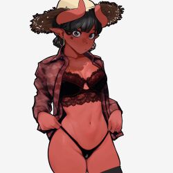 Rule 34 | 1girl, 666, absurdres, artem vitt, black hair, black thighhighs, bra, breasts, brown eyes, colored skin, cowboy shot, demon girl, demon horns, earrings, hat, highleg, highleg panties, highres, horns, jewelry, lingerie, looking at viewer, number tattoo, open clothes, open shirt, original, panties, pointy ears, red shirt, red skin, russian commentary, shirt, short hair, simple background, straw hat, string panties, sun hat, tattoo, thighhighs, translated, underwear, white background