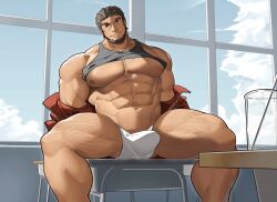 Rule 34 | 1boy, abs, bad id, bad twitter id, bara, bare pectorals, beard, black hair, black tank top, bulge, classroom, coach, come hither, desk, facial hair, feet out of frame, full beard, gluteal fold, hairy, highres, huge pectorals, jacket, jacket partially removed, looking at viewer, male focus, mature male, muscular, muscular male, mustache stubble, navel, navel hair, nipples, on desk, original, pectorals, seductive smile, short hair, sitting, smile, solo, sparse chest hair, sparse leg hair, sparse navel hair, spread legs, stomach, strongman waist, stubble, tank top, tekkowang, thick beard, thick eyebrows, thick thighs, thighs, track jacket, undressing, wide spread legs
