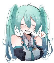 Rule 34 | 1girl, bare shoulders, closed eyes, green hair, hane (kakuhane), hatsune miku, highres, smile, solo, twintails, vocaloid, white background