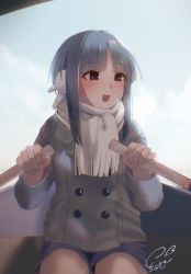 Rule 34 | 1girl, aquaplus, arms up, blue hair, blue sky, blush, boat, breasts, breath, coat, cold, cowboy shot, fingernails, gradient eyes, highres, ilfa (to heart), long sleeves, looking to the side, multicolored eyes, open mouth, outdoors, parted bangs, raised eyebrows, red eyes, robot, robot ears, robot girl, rowing, sakieko, scarf, short hair with long locks, shorts, sidelocks, signature, sitting, sky, small breasts, solo, to heart, to heart (series), to heart 2, watercraft, white scarf