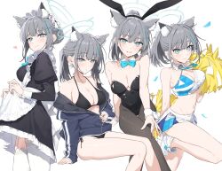 Rule 34 | 4girls, alternate costume, animal ear fluff, animal ears, apron, apron hold, bare shoulders, bikini, bikini under clothes, black bikini, black dress, black leotard, black pantyhose, blue archive, blue bow, blue bowtie, blue eyes, blue halo, blue jacket, blue skirt, bow, bowtie, breasts, cheerleader, cleavage, closed mouth, collar, commentary, cowboy shot, detached collar, dress, enmaided, extra ears, fake animal ears, feet out of frame, garter straps, grey hair, hair bun, halo, halterneck, hayashi kewi, highres, holding, holding pom poms, invisible chair, jacket, juliet sleeves, leg up, leotard, long sleeves, looking at viewer, looking down, maid, maid apron, maid headdress, medium breasts, millennium cheerleader outfit (blue archive), miniskirt, mismatched pupils, multiple girls, off shoulder, pantyhose, pom pom (cheerleading), pom poms, ponytail, puffy sleeves, rabbit ears, shiroko (blue archive), side-tie bikini bottom, simple background, single hair bun, sitting, skirt, skirt hold, smile, strapless, strapless leotard, swimsuit, thighhighs, unzipped, white apron, white background, white collar, white headwear, white thighhighs, white wrist cuffs, wolf ears, wrist cuffs