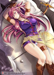 Rule 34 | 1girl, absurdres, armband, armpits, arms up, artist name, blush, boots, breasts, brown footwear, brown gloves, collarbone, cross-laced footwear, dress, fingerless gloves, fire emblem, fire emblem: the sacred stones, gloves, highres, large breasts, leather, leather gloves, long hair, looking at viewer, lying, marisa (fire emblem), nintendo, on back, panties, pantyshot, parted lips, patreon username, ponytail, purple eyes, purple hair, rock, sash, short dress, sidelocks, signature, smile, solo, sword, thigh strap, thighs, underwear, vilde loh hocen, watermark, weapon, web address, white panties