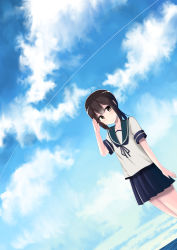 Rule 34 | 1girl, absurdres, blue ribbon, blue skirt, blue sky, blush, brown eyes, brown hair, closed mouth, cloud, cloudy sky, collarbone, commentary request, day, fingernails, fubuki (kancolle), green sailor collar, gyahu, hair between eyes, hand up, highres, horizon, kantai collection, looking at viewer, neck ribbon, ocean, outdoors, pleated skirt, ribbon, sailor collar, salute, shirt, short sleeves, sidelocks, skirt, sky, smile, solo, water, white shirt