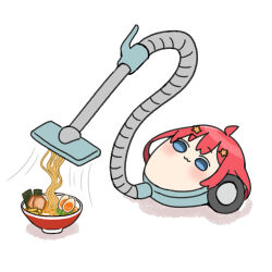 Rule 34 | ahoge, akino ell, bowl, egg, food, go-toubun no hanayome, hair ornament, nakano itsuki, noodles, objectification, ramen, red hair, shadow, simple background, speed lines, star (symbol), star hair ornament, vacuum cleaner, white background