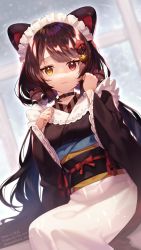 Rule 34 | 1girl, absurdres, animal ears, anywhere knock, apron, blush, brown choker, brown hair, brown kimono, choker, commentary request, dog ears, flower, hair flower, hair ornament, hands up, heterochromia, highres, inui toko, japanese clothes, kimono, long hair, long sleeves, looking at viewer, maid, maid headdress, nijisanji, obi, parted lips, red eyes, sash, solo, twintails, very long hair, virtual youtuber, wa maid, white apron, yellow eyes