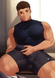 Rule 34 | 1boy, bara, bulge, clothed masturbation, crotch grab, cum, cum in clothes, cum through clothes, dark-skinned male, dark skin, erection, erection under clothes, goburin second, highres, large pectorals, locker, locker room, looking at viewer, male focus, male masturbation, masturbation, muscular, muscular male, on bench, original, paid reward available, pectorals, short hair, sideburns, sitting, solo, spread legs, sweat, thick eyebrows, thick thighs, thighs, wavy mouth