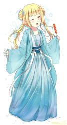Rule 34 | 1girl, :d, absurdres, bad id, bad pixiv id, beifeng han, blonde hair, blunt bangs, chinese clothes, cyou shigen, dango, flower, food, hair flower, hair ornament, hanfu, highres, one eye closed, open mouth, original, sash, smile, solo, wagashi, yellow eyes