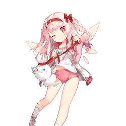 Rule 34 | 1girl, blush, bow, bright pupils, character request, creature, hair bow, hairband, holding, jacket, long hair, long sleeves, looking at viewer, muyfie, name tag, official art, one eye closed, open clothes, open jacket, pink hair, red eyes, ribbon, saru, shoes, shorts, smile, sneakers, solo, track suit, transparent background, two side up, uchi no hime-sama ga ichiban kawaii, white legwear, wings