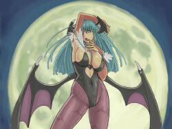 Rule 34 | 1girl, animal print, ark (morita hitomi), arm above head, armpits, bat print, breasts, capcom, cleavage, covered navel, cowboy shot, demon girl, elbow gloves, female focus, full moon, gloves, highres, large breasts, legs, leotard, looking at viewer, moon, morrigan aensland, open mouth, pantyhose, patterned legwear, pink lips, print pantyhose, solo, thighs, tongue, tongue out, vampire (game)