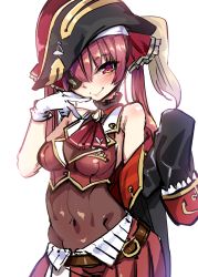 Rule 34 | 1girl, absurdres, bare shoulders, belt, blush, bodysuit, breasts, cleavage, eyepatch, gloves, harigane shinshi, hat, highres, hololive, houshou marine, jacket, leotard, leotard under clothes, looking at viewer, navel, off shoulder, pirate hat, pleated skirt, purple eyes, purple hair, see-through, see-through cleavage, see-through leotard, simple background, skirt, smile, solo, twintails, virtual youtuber, white background, white gloves