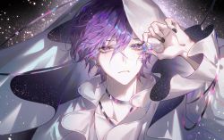 Rule 34 | 1boy, arm up, ball, bishounen, black nails, collarbone, earrings, frilled skirt, frills, galaxy, glint, highres, holding, holding ball, jewelry, light particles, long sleeves, looking at another, looking at viewer, male focus, multicolored hair, nail polish, nijisanji, nijisanji en, puffy sleeves, purple eyes, purple hair, short hair, skirt, solo, sparkle, stud earrings, uki violeta, upper body, veil, virtual youtuber, zhumojian