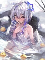 Rule 34 | 1girl, :d, akieda, amane kanata, apple, blue halo, commentary request, food, fruit, hair between eyes, halo, highres, hololive, looking at viewer, medium hair, naked towel, onsen, open mouth, partially submerged, purple eyes, smile, snow, solo, star halo, towel, virtual youtuber, wet, white hair, white wings, wings