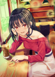 Rule 34 | 1girl, :d, black hair, blouse, blush, collarbone, cup, drinking glass, hair between eyes, head rest, heart, highres, indoors, long hair, long sleeves, looking at viewer, off-shoulder shirt, off shoulder, open mouth, original, red eyes, red shirt, shiroi yuumi, shirt, sitting, skirt, smile, solo, sparkle, white skirt