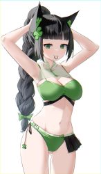 Rule 34 | 1girl, absurdres, adjusting hair, animal ears, armpits, arms behind head, arms up, bare arms, bare shoulders, bikini, black hair, blunt bangs, braid, breasts, cat ears, cleavage, commission, cowboy shot, gluteal fold, green eyes, groin, hair tie in mouth, highres, long hair, looking at viewer, medium breasts, mouth hold, navel, original, ponytail, see-through, side-tie bikini bottom, simple background, single braid, sleeveless, solo, standing, steeb, stomach, string bikini, swimsuit, thighs, tying hair, white background