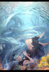 Rule 34 | 1girl, absurdres, aqua eyes, aqua hair, bubble, coral, dress, fish, hatsune miku, highres, letterboxed, long hair, momozi (mkingnight), shinkai shoujo (vocaloid), solo, steepled fingers, submerged, twintails, underwater, very long hair, vocaloid