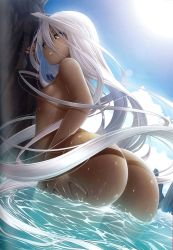Rule 34 | 10s, 1girl, absurdly long hair, arched back, ass, black sclera, breasts, colored sclera, completely nude, cowboy shot, dark-skinned female, dark skin, day, doppel (monster musume), doppelganger, from behind, hair censor, hand on own hip, highres, huge ass, kintarou (kintarou&#039;s room), lens flare, long hair, monster girl, monster musume no iru nichijou, non-web source, nude, outdoors, parted lips, partially submerged, prehensile hair, scan, small breasts, smile, solo, sunlight, very long hair, water, white hair, yellow eyes