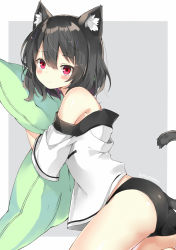 Rule 34 | 1girl, animal ear fluff, animal ears, ass, bare shoulders, black hair, black panties, blush, cat ears, cat girl, cat tail, closed mouth, commentary request, grey background, hair between eyes, looking at viewer, looking to the side, myuton, no pants, hugging object, off-shoulder shirt, off shoulder, original, panties, pillow, pillow hug, red eyes, shirt, short sleeves, solo, tail, tail raised, twitter username, two-tone background, underwear, white background, white shirt, wide sleeves