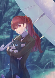 Rule 34 | 1girl, animal, black jacket, blurry, blurry background, bow, carrying, cat, hair between eyes, hair bow, highres, holding, holding animal, holding cat, holding umbrella, jacket, long hair, long sleeves, morgana (persona 5), open mouth, orange bow, outdoors, persona, persona 5, ponytail, rain, red eyes, red hair, riou (pooh920), sweater, turtleneck, turtleneck sweater, umbrella, white sweater, white umbrella, yoshizawa kasumi