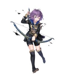 Rule 34 | 1girl, arrow (projectile), bernadetta von varley, black thighhighs, boots, bow (weapon), crying, epaulettes, fire emblem, fire emblem: three houses, fire emblem heroes, full body, highres, nintendo, official art, one eye closed, open mouth, purple eyes, purple hair, quiver, short hair, shorts, solo, thighhighs, torn clothes, torn shorts, transparent background, weapon