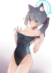 Rule 34 | absurdres, animal ear fluff, animal ears, black one-piece swimsuit, blue archive, blue eyes, breasts, clothes pull, competition swimsuit, covered navel, cross hair ornament, extra ears, gradient background, grey hair, hair ornament, halo, highres, jack (darkshero), low ponytail, medium breasts, medium hair, mismatched pupils, multicolored clothes, multicolored swimsuit, official alternate costume, one-piece swimsuit, one-piece swimsuit pull, shiroko (blue archive), shiroko (swimsuit) (blue archive), sparkle, standing, swimsuit, white background, wolf ears