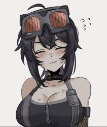 Rule 34 | 1girl, ahoge, bare shoulders, black hair, breasts, choker, cleavage, closed eyes, crop top, goggles, goggles on head, grace howard, hair between eyes, large breasts, looking at viewer, midriff, saint ghoul, smile, solo, sports bra, sweat, zenless zone zero