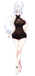 Rule 34 | 1girl, animal ear fluff, animal ears, azarashi soft, bare shoulders, barefoot, black sweater, blast (lyricbox), blue eyes, blush, breasts, cleavage, cleavage cutout, closed mouth, clothing cutout, covered navel, crossed bangs, feet, female focus, full body, game cg, groin, hair between eyes, hair over one eye, hand on own hip, highres, hip focus, huge breasts, jewel (the black canvas), legs, looking at viewer, lulu (one shota one), meme attire, nose blush, one shota one, revealing clothes, smile, solo, standing, sweater, tachi-e, tail, thighs, toes, transparent background, turtleneck, twintails, virgin killer sweater, white hair