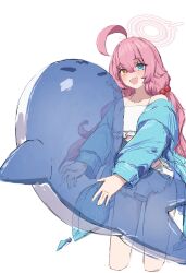 Rule 34 | 1girl, absurdres, ahoge, bikini, blue archive, blue eyes, blue jacket, commentary, hair bobbles, hair flaps, hair ornament, halo, heterochromia, highres, holding, hoshino (blue archive), hoshino (swimsuit) (blue archive), huge ahoge, inflatable toy, inflatable whale, jacket, long sleeves, looking at viewer, low twintails, official alternate costume, official alternate hairstyle, open clothes, open jacket, open mouth, pink hair, pink halo, simple background, smile, solo, swimsuit, symbol-only commentary, tobildesu, twintails, white background, white bikini, yellow eyes