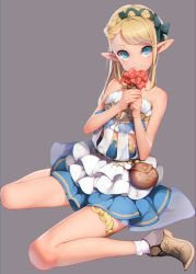 Rule 34 | 1girl, ataruman, bare arms, bare shoulders, blonde hair, blue bow, blue ribbon, bow, braid, breasts, brown footwear, canteen, closed mouth, crown braid, dress, elf, facing viewer, fantasy, flower, frilled dress, frills, full body, hair bow, hair ribbon, highres, holding, holding flower, long hair, looking at viewer, original, own hands together, pointy ears, pointy footwear, red flower, ribbon, see-through, shoes, short dress, simple background, sitting, small breasts, smile, socks, solo, strapless, strapless dress, swept bangs, thighlet, w arms, wariza, white socks