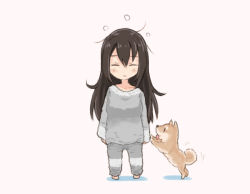 Rule 34 | 1girl, black hair, breasts, commentary request, dog, full body, kantai collection, large breasts, long hair, nagato (kancolle), pajamas, saiguchi otoufu, sleepy, solo