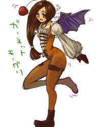 Rule 34 | 1girl, brown eyes, brown hair, catsuit, cosplay, female focus, final fantasy, final fantasy ix, garnet til alexandros xvii, gloves, jewelry, long hair, moogle, moogle (cosplay), mucc amaama, pendant, simple background, solo, white background, wings
