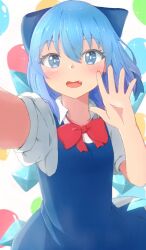 Rule 34 | 1girl, :d, blue bow, blue dress, blue eyes, blue hair, bow, breasts, cirno, dress, fang, foreshortening, hair between eyes, hair bow, hand under clothes, hand under shirt, mizune (winter), open mouth, reaching, reaching towards viewer, shirt, small breasts, smile, solo, touhou