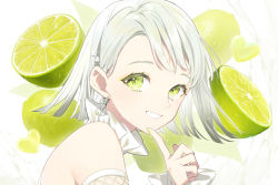 Rule 34 | 1girl, absurdres, bare shoulders, earrings, finger to own chin, fingernails, food, fruit, green eyes, green nails, green theme, hair ornament, hairclip, hand up, heart, highres, jewelry, lime (fruit), looking at viewer, medium hair, nail polish, original, portrait, smile, sogawa, solo, white hair