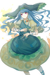 Rule 34 | 1girl, apron, arm ribbon, blue hair, blue ribbon, chisel, closed mouth, cui ying, dress, flower, green apron, haniyasushin keiki, head scarf, highres, holding, jewelry, long hair, magatama, magatama necklace, necklace, pink eyes, ribbon, short sleeves, simple background, single strap, smile, solo, touhou, white background, white flower, wide sleeves, wood carving tool, yellow dress