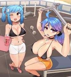Rule 34 | 2girls, absurdres, ahoge, barbell, bare shoulders, bikini, bikini top only, black bikini, black eyeshadow, black footwear, black nails, blue hair, borrowed character, bottle, breasts, bright pupils, brown eyes, choker, cleavage, collarbone, covered erect nipples, cross, cross choker, eyeshadow, fran (sait0moriyama), from above, goth fashion, gradient hair, gym, hair ornament, hairclip, highres, holding, holding bottle, huge breasts, ii (peps art), jitome, large breasts, light blue hair, long hair, looking at viewer, makeup, micro bikini, multicolored hair, multicolored nails, multiple girls, multiple piercings, navel, navel piercing, o-ring, o-ring bikini, one eye closed, open mouth, orange shorts, original, peps art, piercing, pink eyes, pink footwear, purple hair, sharp teeth, shoes, short shorts, short twintails, shorts, sideboob, skindentation, smile, sneakers, string bikini, swept bangs, swimsuit, tan, tanline, teeth, thick eyebrows, twintails, underboob, white shorts
