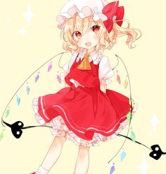 Rule 34 | 1girl, arms behind back, ascot, blonde hair, flandre scarlet, hat, hat ribbon, highres, laevatein, looking at viewer, mob cap, mokyuko, open mouth, puffy short sleeves, puffy sleeves, red eyes, red footwear, red ribbon, red skirt, ribbon, shoes, short sleeves, skirt, skirt set, smile, socks, solo, touhou, vest, white socks, wings