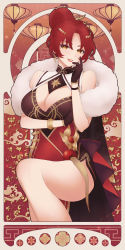 Rule 34 | 1girl, :d, absurdres, arm under breasts, bare shoulders, black gloves, breasts, china dress, chinese clothes, cleavage, dress, earrings, gloves, grin, highres, honkai (series), honkai impact 3rd, jewelry, large breasts, lipstick, looking at viewer, makeup, murata himeko, murata himeko (vermillion knight), open mouth, red dress, red hair, shiratama (srtm on), smile, solo, teeth, yellow eyes