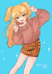 Rule 34 | 1girl, absurdres, aran sweater, blonde hair, blue background, blush, brown sweater, cable knit, commentary request, double v, earrings, fang, feet out of frame, green eyes, highres, idolmaster, idolmaster cinderella girls, jewelry, jougasaki rika, long hair, looking at viewer, open mouth, pencil skirt, shirou (gggrrr uhuh), simple background, skirt, smile, solo, sparkle, sweater, two side up, v