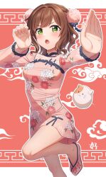 Rule 34 | 1girl, blush, breasts, brown hair, china dress, chinese clothes, commentary request, cowboy shot, dress, fang, floral print, green eyes, hair ornament, hands up, highres, idolmaster, idolmaster cinderella girls, kurageso, leg up, long sleeves, looking at viewer, maekawa miku, medium breasts, open mouth, pink dress, pink footwear, pom pom (clothes), pom pom hair ornament, print dress, red background, short hair, sidelocks, sparkling eyes, standing, standing on one leg, stuffed animal, stuffed cat, stuffed toy, thighs, v-shaped eyebrows