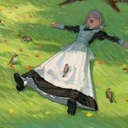 Rule 34 | 1girl, :d, apron, bird, black footwear, blonde hair, closed eyes, commission, grass, highres, idolmaster, idolmaster shiny colors, lying, maid, on back, on grass, open mouth, outdoors, outstretched arms, serizawa asahi, short hair, smile, solo, sparrow, spread arms, tree, tree shade, under tree, white apron, zhili xingzou